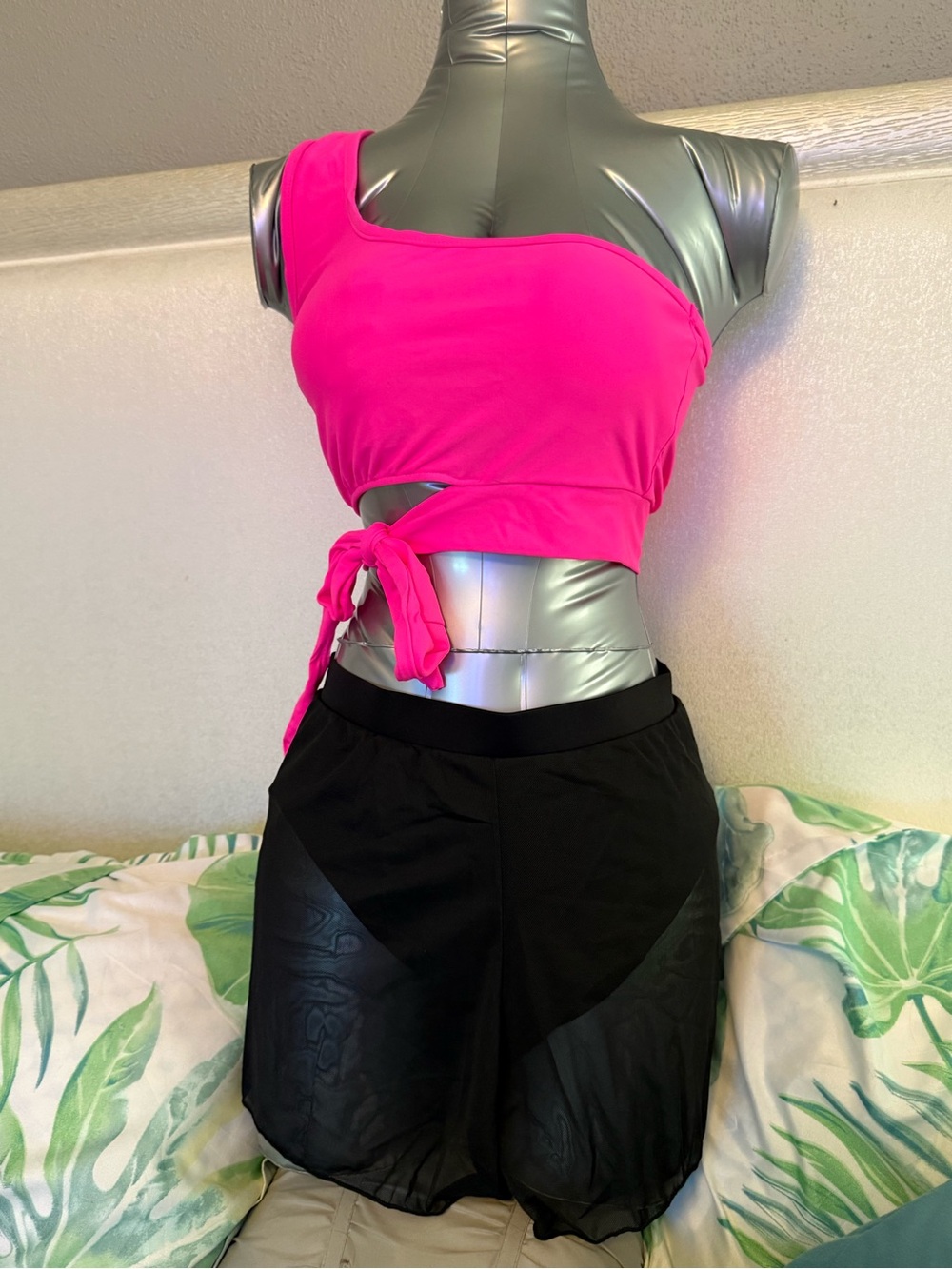 Hot Pink One-Shoulder Tie Crop Top Bikini. #16
